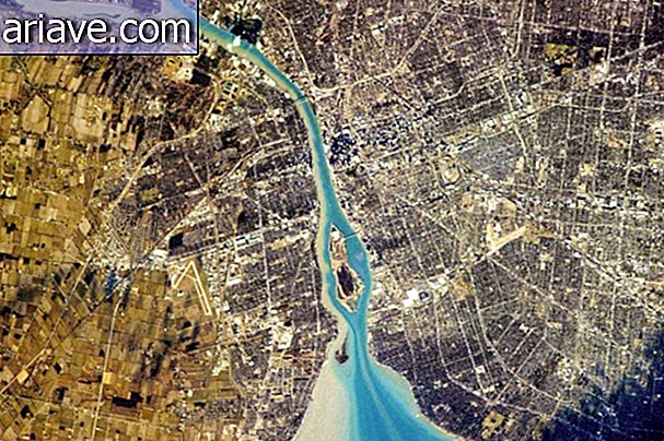 अमेरिकी शहर डेट्रोइट (दाईं ओर) और नदी जो कनाडा को ओंटारियो शहर के साथ लगती है।