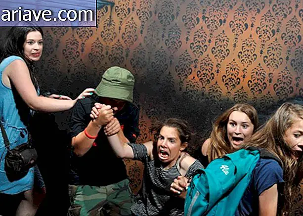Fotos zeigen Menschen mit hysterischen Reaktionen in einem Spukhaus